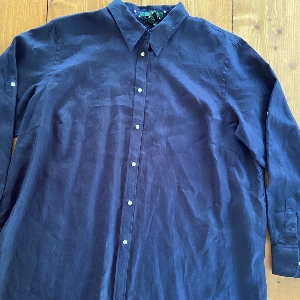 Lauren Ralph Lauren 100% Linen Shirt Navy Blue Sz 2X XXL Polka Dot Collar READ - Picture 1 of 12